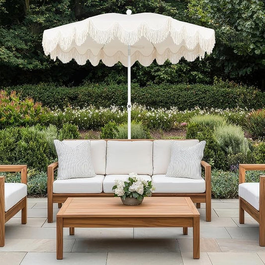 JONATHAN Y Mariner 6.5 ft. Solid Fringe Beach Umbrella, Cream | Push-Button Tilt, UV 50 Protection, Matching Carry Bag, White Iron Pole, Wind Vent, Scalloped Round Canopy