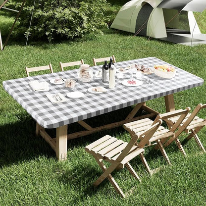 Smiry Rectangle Picnic Table Cloth, Elastic Waterproof Fitted Vinyl Tablecloths, Flannel Backed Buffalo Plaid Table Covers for Dining, Camping, Outdoor (White and Grey, 42" x 72")