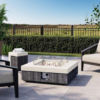 COSIEST 35" Outdoor Propane Fire Pit Table w Tank Cover & Wind Guard, Square Gas Fire Pit Table with Concrete & Wood Grain Design, 50000BTU Fire Tables for Patio, Backyard, Garden