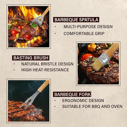 11-Piece BBQ Grill Tool Set with Engraved Maple Wood Gift Box with Stainless Steel Barbecue Accessories with Wooden Handles – The Grillfather Grilling Kit for Dad, Men, Husband