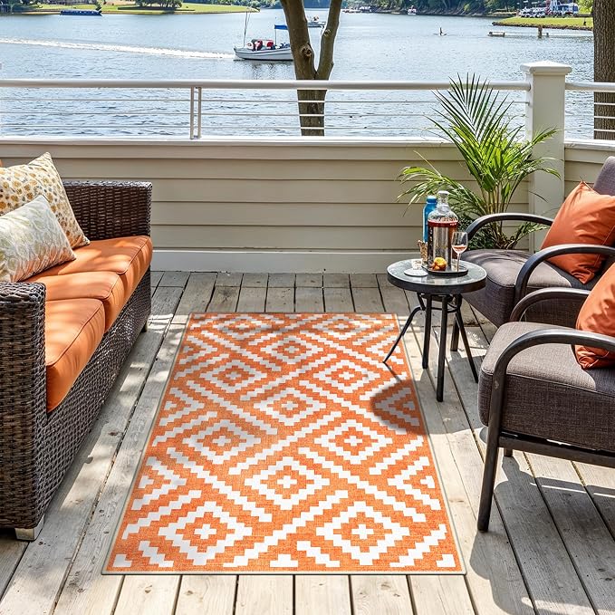 GENIMO Outdoor Rug 3'x5' Waterproof for Porch, Plastic Door Mat Mid Orange | Outside Modern Carpet for Patio Decor, Balcony, Deck, Backyard, Picnic, Camping, RV, Reversible, Foldable, Lightweight