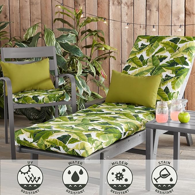 Outdoor Reversible Chaise Lounge Chair Cushion, Tropical White