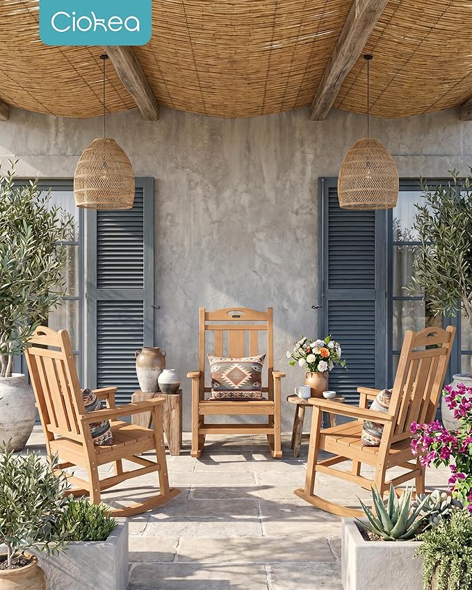 Ciokea Oversized Outdoor Rocking Chair, 380lbs Heavy-Duty Large Patio Rocker, Weather Resistant & Anti-Fade Porch Chair, High Back Cozy Rocking Chair for Outside, Fire Pit, Deck, Garden, Teak