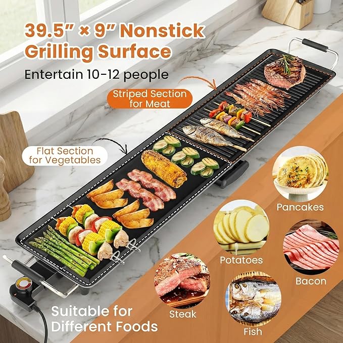 SIMOE Extra Large Teppanyaki Grill, 39.5” Electric Griddle Pan, Indoor Outdoor Nonstick BBQ Grill with Adjustable Temperature & Drip Tray, Long Griddle Electric for Party, Home, Camping