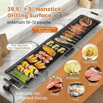 SIMOE Extra Large Teppanyaki Grill, 39.5” Electric Griddle Pan, Indoor Outdoor Nonstick BBQ Grill with Adjustable Temperature & Drip Tray, Long Griddle Electric for Party, Home, Camping