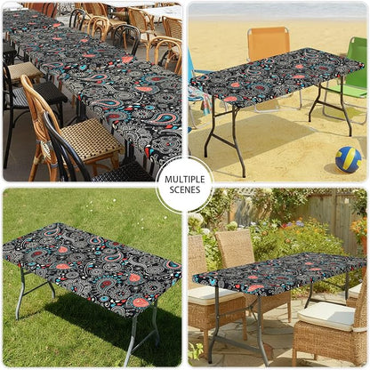 Smiry Spandex Fitted Tablecloth for 6 Foot Rectangle Tables, Washable Picnic Table Cover with Elastic, Stretch Reusable Table Cloth for Outdoor, Camping, Dining & Kitchen (Black Paisley, 30"x72")