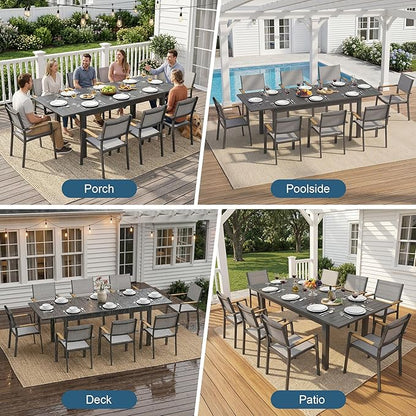 Wisteria Lane 9 Piece Aluminum Outdoor Dining Sets with 3-Adjustable Length Dining Table, 92" L×33.5" W Expandable Patio Table and Chairs Set for 8, Stackable Chairs with Quick Drying Fabric, Grey
