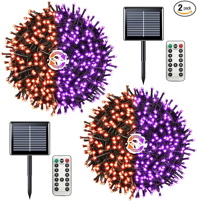 JMEXSUSS 2 Pack Solar String Lights Outdoor Waterproof, Total 400 LED 151FT Solar Christmas Lights Outdoor, 8 Modes Christmas Light for Outside Patio Yard Tree Decorations, Purple to Orange