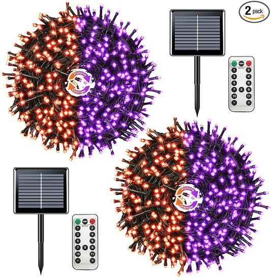 JMEXSUSS 2 Pack Solar String Lights Outdoor Waterproof, Total 400 LED 151FT Solar Christmas Lights Outdoor, 8 Modes Christmas Light for Outside Patio Yard Tree Decorations, Purple to Orange