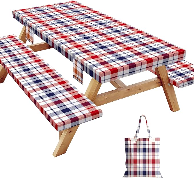 8 Foot Fitted Picnic Table Cover with Bench Covers Elastic Waterproof Oil-Proof VintageTablecloths for Rectangle Tables Dining Outdoor Patio Camping Essentials Blue Red Buffalo Plaid