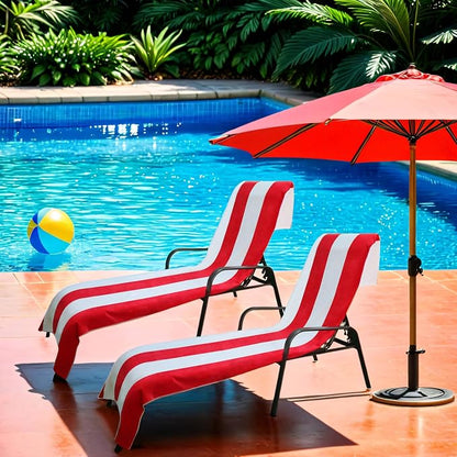 Superior Cabana Cotton Lounge Chair Cover, Outdoor Towel, Terry Cloth, Beach, Spa, Swim Accessories, Pool Chair Cover, Soft, Quick Drying, 32" x 102", Set of 2, Red