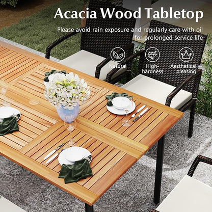 HAPPYGRILL 7-Piece Patio Dining Set Outdoor Rattan Wicker Furniture Set with Umbrella Hole, Steel Frame, Acacia Wood Tabletop & Removable Cushions, for Backyard, Porch, Garden