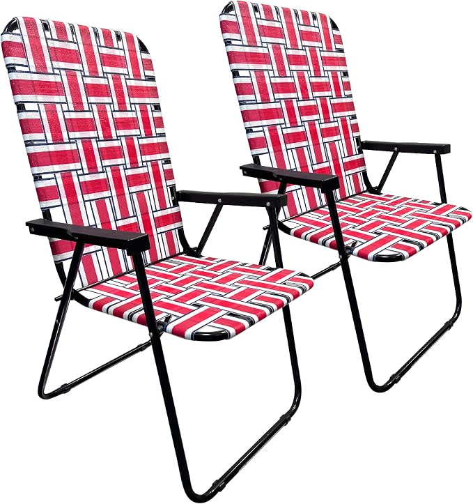 Lawn Chair Folding Steel Webbing Chaise Patio Lounger Seat Wood Handles Great for Camping, Beach, Fishing, Backyard, Stadium, Pool, Boating, and Sports 2 Pack Red/Blue