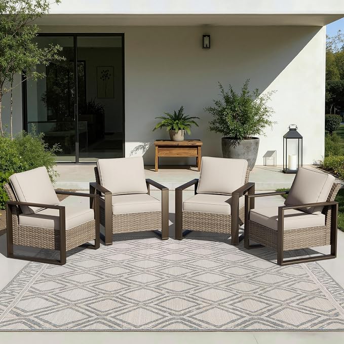 Joyside Outdoor Patio Chairs Set, 4 Pieces Wicker Rattan Chairs with Metal Wide Armrest, Thick Cushions and Deep Seating for Garden, Backyard, Porch, Deck