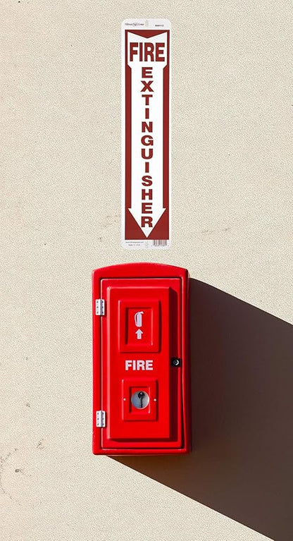 Hillman 844112 White and Red Aluminum Fire Extinguisher Sign with Arrow Symbol, 4" x 18"