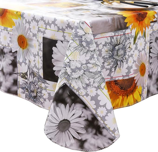 Heavy Duty Vinyl Tablecloth with Flannel Backing Waterproof Oil-Proof Plastic Table Cloth Stain-Resistant Wipeable Rectangle or Square Table Cover for Indoor and Outdoor ( Sunflower, 60X84 Inch)