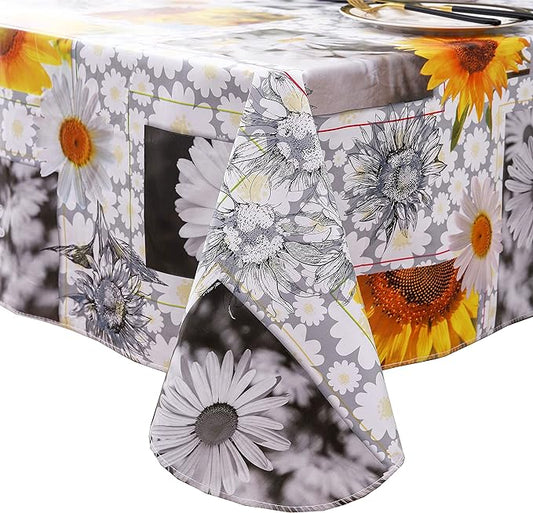 Heavy Duty Vinyl Tablecloth with Flannel Backing Waterproof Oil-Proof Plastic Table Cloth Stain-Resistant Wipeable Rectangle or Square Table Cover for Indoor and Outdoor ( Sunflower, 60X102 Inch)