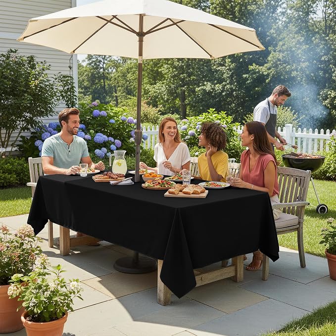 LUSHVIDA Rectangle Outdoor Tablecloth with Umbrella Hole and Zipper, 60x102 Inch Black, Washable Waterproof Table Cloth Spill Proof Wrinkle Free Table Cover for Patio Spring Summer Picnic BBQS