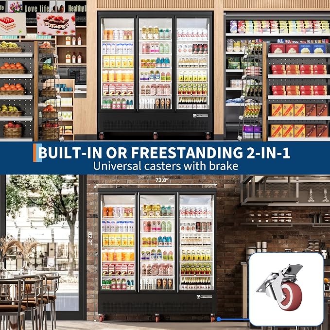 52.9 Cu.Ft Commercial Display Refrigerator,Glass Door Beverage Cooler with Adjustable Shelves,LED Lighting & Advertising Panel, Mobile Design,