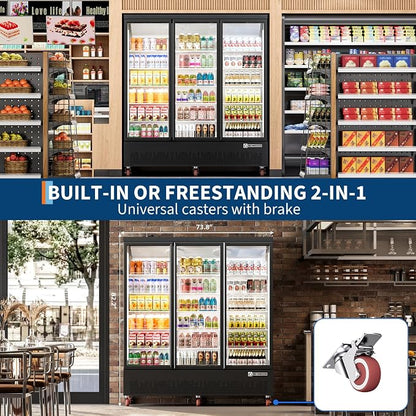 52.9 Cu.Ft Commercial Display Refrigerator,Glass Door Beverage Cooler with Adjustable Shelves,LED Lighting & Advertising Panel, Mobile Design,
