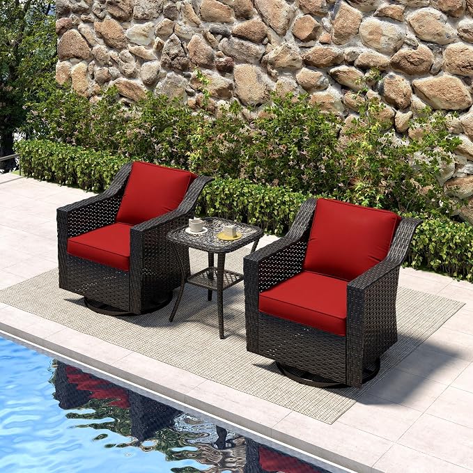 3 Pieces Patio Conversation Furniture Set - 2 Swivel Chairs, 1 Side Table, Outdoor Wicker Rocking Glider Armchairs with Washable and Water-Resistant Cushions for Porch, Balcony (Red)