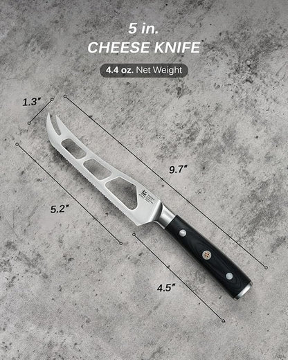 KYOKU 5 in. Serrated Cheese Knife, Samurai Series Cheese Slicer with Hollow Blade Pakkawood Handle, German 1.4116 Stainless Steel Full Tang Knife for Hard Cheese with Protective Sheath & Gift Box