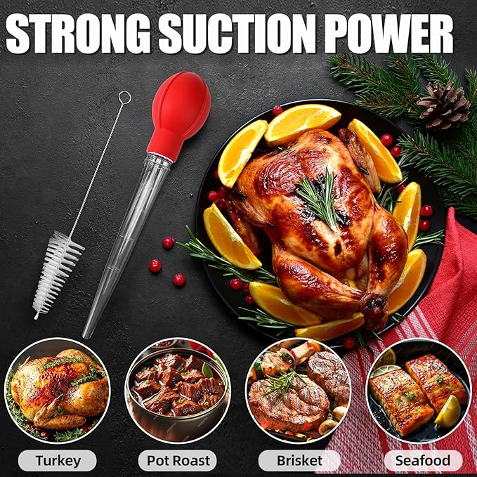 OLESBUR Premium Turkey Basters for Cooking – Baster Syringe for Hot Liquids – Meat and Food Injector – Essential Thanksgiving Cooking Tool – Turkey Baster Large with Cleaning Brush (Red)