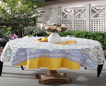 Home Bargains Plus Oval Vinyl Tablecloth with Flannel Backing, 60 x 84 Inch, Alluring French Country, Yellow and Blue Floral Vinyl Table Cover, Heavy Weight for Dining Party and Barbecues