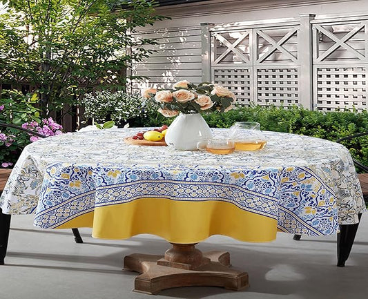 Home Bargains Plus Oval Vinyl Tablecloth with Flannel Backing, 60 x 84 Inch, Alluring French Country, Yellow and Blue Floral Vinyl Table Cover, Heavy Weight for Dining Party and Barbecues