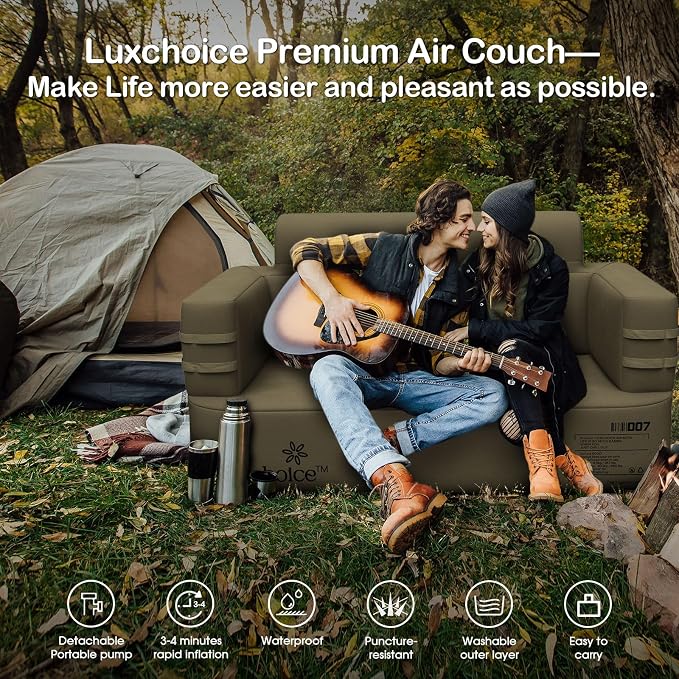 Inflatable Couch Loveseat Camping Couch Built-in Rechargeable Pump Air Sofa | Blow up Couch Durable 1000D Oxford Fabric Outdoor Camping Couch 2 mins Camping Furniture for Backyard RV Travel Movie Night