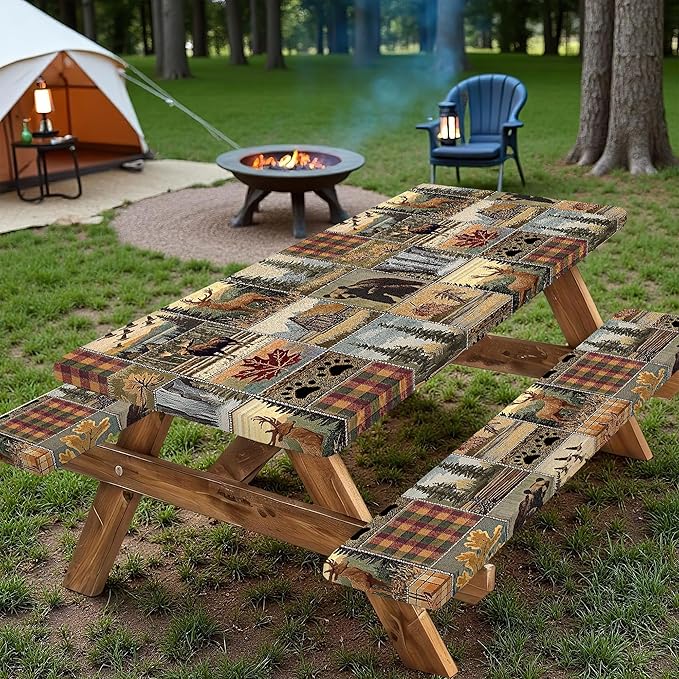 Picnic Table Cover with Bench Covers 6FT 3PCS, Camping Essentials,Rectangle Fitted Camping Tablecloth Waterproof with Elastic Edge for Indoor Outdoor Patio, 60in, Brown