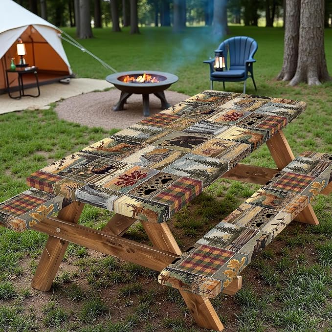 Picnic Table Cover with Bench Covers 6FT 3PCS, Camping Essentials, Fitted Camping Tablecloth Waterproof with Elastic Edge for Indoor Outdoor Patio, 96in, Brown