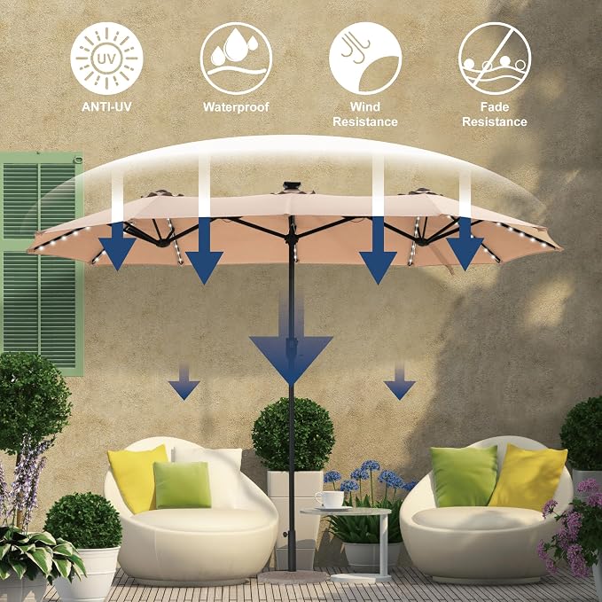 HERA'S PALACE 13 ft Patio Umbrella with 120 LED Solar Lights Double Sided Outdoor Umbrella for Patio 8 Colors Changing Table Umbrella Outdoor Patio for Garden Pool