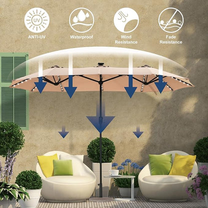 HERA'S PALACE 13 ft Patio Umbrella with 120 LED Solar Lights Double Sided Outdoor Umbrella for Patio 8 Colors Changing Table Umbrella Outdoor Patio for Garden Pool