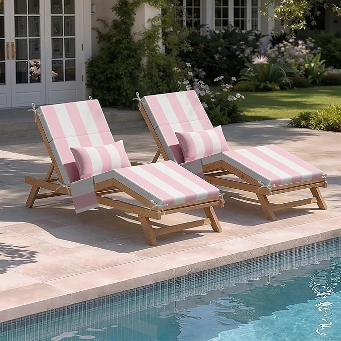 Crestlive Products Foldable Outdoor Chaise Lounge Cushions with Head Pillow and Side Pockets, Water Resistant & Fade Resistant Lounge Chair Cushion, 72''L x 21''W, Set of 2, Pink Stripe