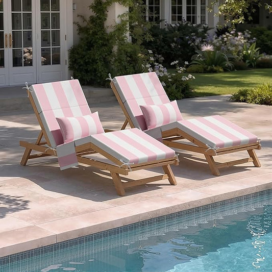 Crestlive Products Foldable Outdoor Chaise Lounge Cushions with Head Pillow and Side Pockets, Water Resistant & Fade Resistant Lounge Chair Cushion, 72''L x 21''W, Set of 2, Pink Stripe