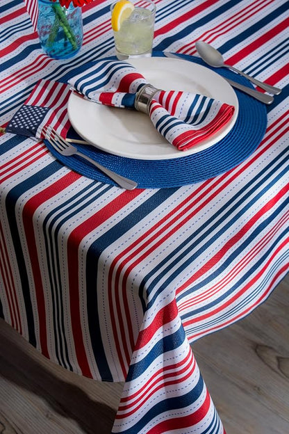 DII 100% Polyester, Spill proof and Waterproof, Machine Washable, Tablecloth for Outdoor Use, 60x120", 4th of July Patriotic Stripe, Seats 10 to 12 People