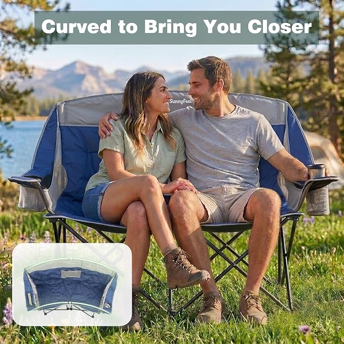 SunnyFeel Double Camping Loveseat Chair, Blue-Cooler, Foldable, Portable, Space Saving, Side Pocket, Cup Holders | 600LBS Heavy Duty Padded Camping Couch with Cup Holder, Cooler, Storage Pockets & Carry Bag for Outdoor/ Lawn/ Backyard