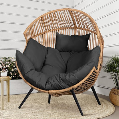 Shintenchi Wicker Egg Chair Rattan Patio Chair with Cushion, Oversized Patio Lounge Chairs Egg Basket Chair, Egg Seat for Indoor Living Room Bedroom Outside, Deep Grey