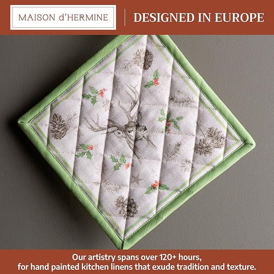 Maison d' Hermine Pot Holders 100% Cotton Heat Resistant Potholders 8" x 8" Hot Pads with Loop for Thanksgiving Christmas Decorations BBQ Cooking Baking Handling Hot Pans (Pack of 1, Christmas Dew)