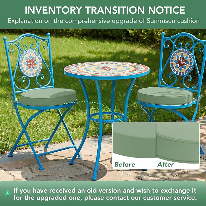 Summsun Outdoor Bistro Chair Cushions Set of 2, 15" D x 3" H Round Chair Cushions Waterproof and Fade Resistant Chair Cushion Pads with Non-Slip Ties and Removable Covers for Garden, Sage Green