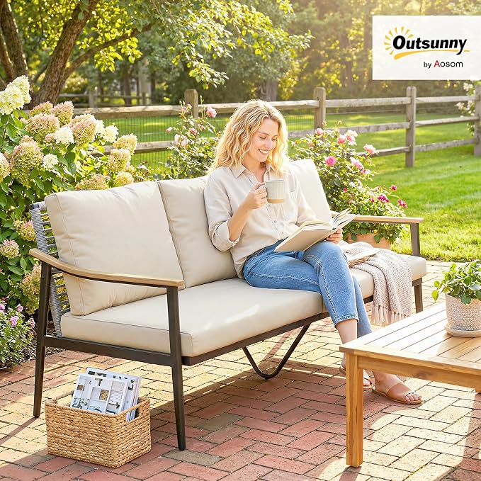 Outsunny Outdoor Patio Couch, 3 Seater Outdoor Sofa with Wood-Effect Armrests and Wicker Backrest, Outdoor Patio Furniture Couch with Cushions, Steel Frame for Porch, Garden, Backyard, Khaki