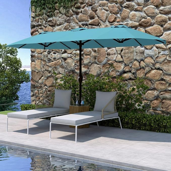 15FT Double Sided Patio Umbrella with Base Included Large Outdoor Market Umbrella with Crank Handle, UV Resistant Canopy, Sturdy Frame for Garden, Poolside, Deck, Sky Blue