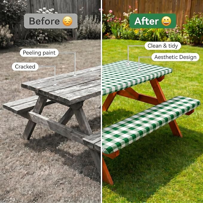 Poise3EHome Picnic Table Cover with Bench Covers, 6 Foot Fitted Elastic Tablecloth Set, Heavy Duty Polyester with TPU Waterproof Backing, Washable Outdoor Picnic Set for Camping,RV & Park(Green&White)