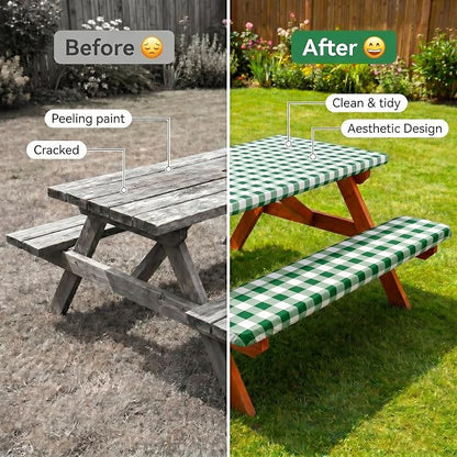 Poise3EHome Picnic Table Cover with Bench Covers, 6 Foot Fitted Elastic Tablecloth Set, Heavy Duty Polyester with TPU Waterproof Backing, Washable Outdoor Picnic Set for Camping,RV & Park(Green&White)