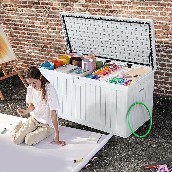 DWVO 180 Gallon Double-Wall Deck Box, XL Large Resin Outdoor Storage Box, Lockable & Waterproof, Double as Seating, 1000lbs Capacity (Grayish-White)