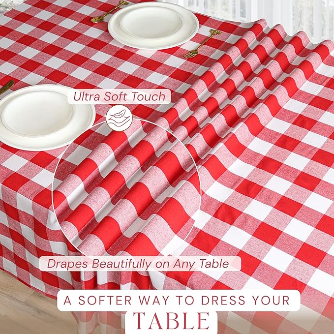 Red and White Buffalo Check Tablecloth, 60x102 Inches, Plaid Table Cover, 100% Cotton, Washable, Reusable Farmhouse Table Linen for BBQs, Buffet Parties, Camping, Everyday Dining