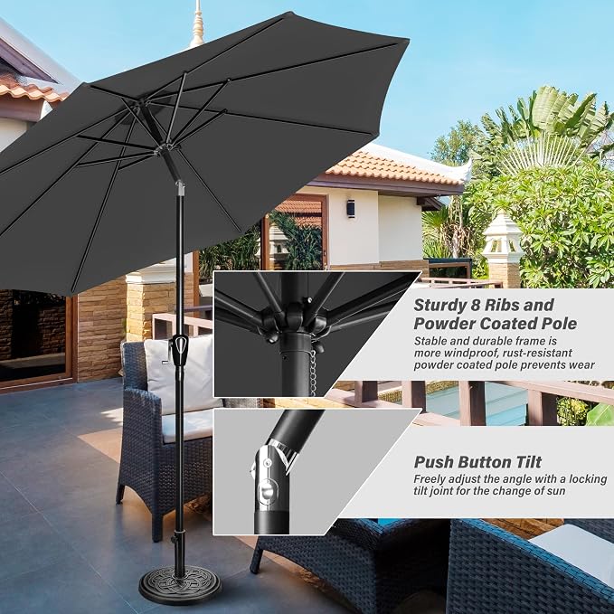 YSSOA 9' Patio Umbrella with 50lbs 20" Capacity Fillable Heavy Duty Round Base, 8 Sturdy Ribs, for Outdoor Lawn, Deck, Poolside, Grey and Black