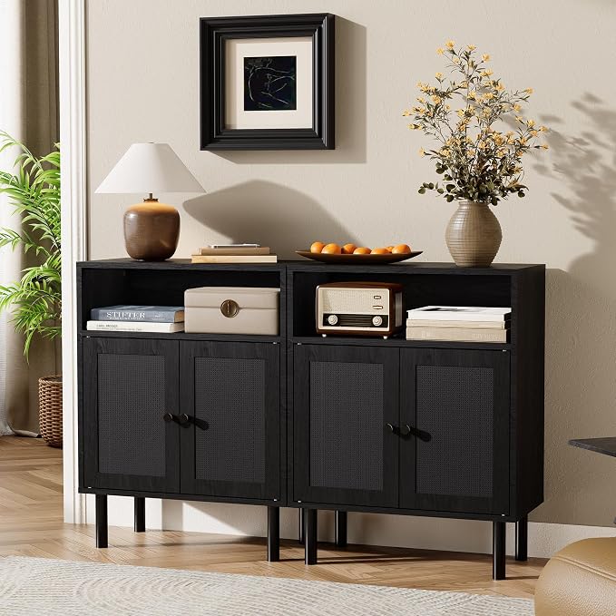 Rattan Storage Cabinet, Boho Accent Cabinet with Double Doors | Small Freestanding Sideboard for Hallway, Laundry Room,Kitchen, Dining Room, Entryway (Black)