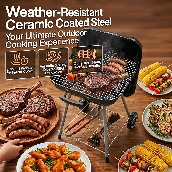 Portable 17.5-Inch Charcoal Kettle Grill with Wheels, Porcelain-Coated Steel Outdoor BBQ Smoker, Freestanding Grilling for Patio and Tailgating